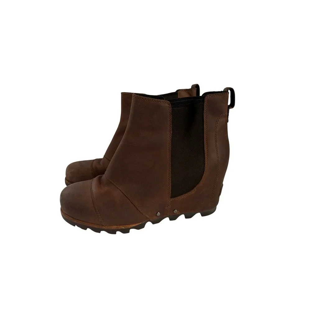 Sorel Joan of Arctic Wedge II Chelsea Boots Brown Leather Ankle Wedge Womens 8